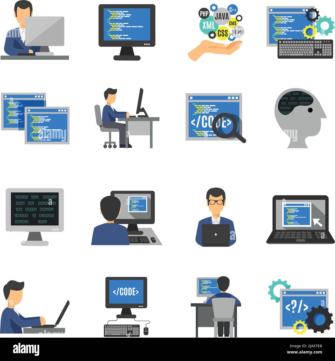 Programmer and computer programs development icons flat set isolated ...