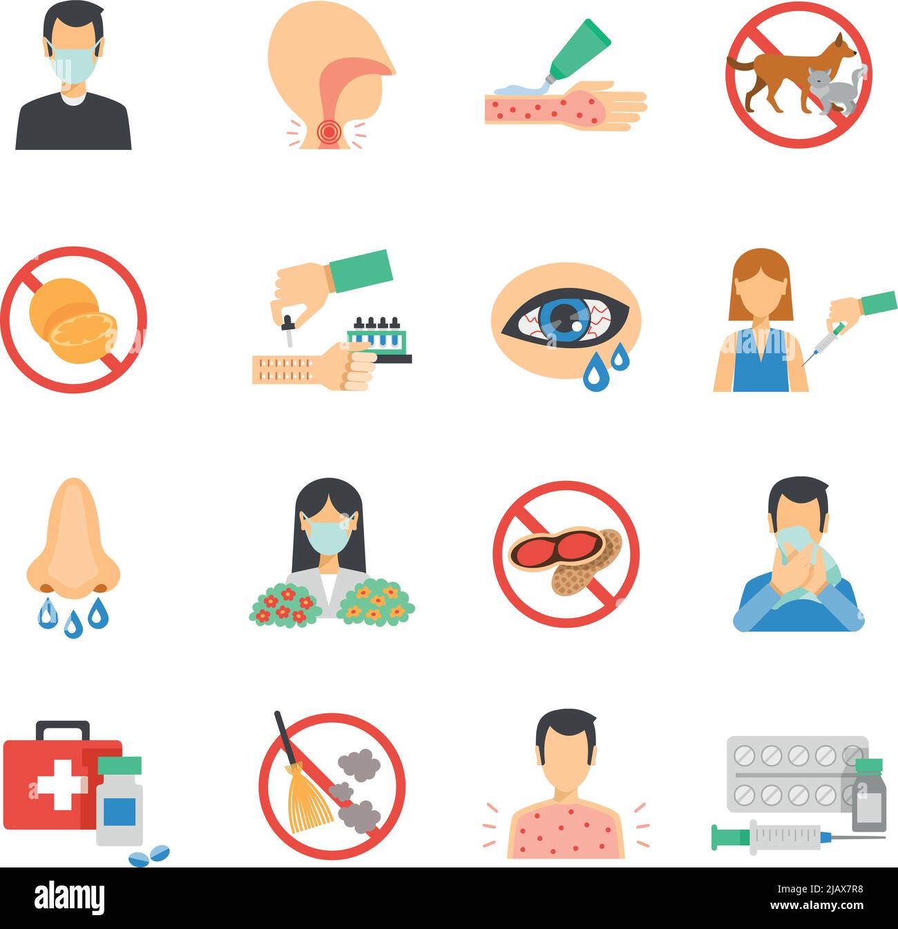 Allergy symptoms and allergens icons flat set isolated vector illustration Stock Vector