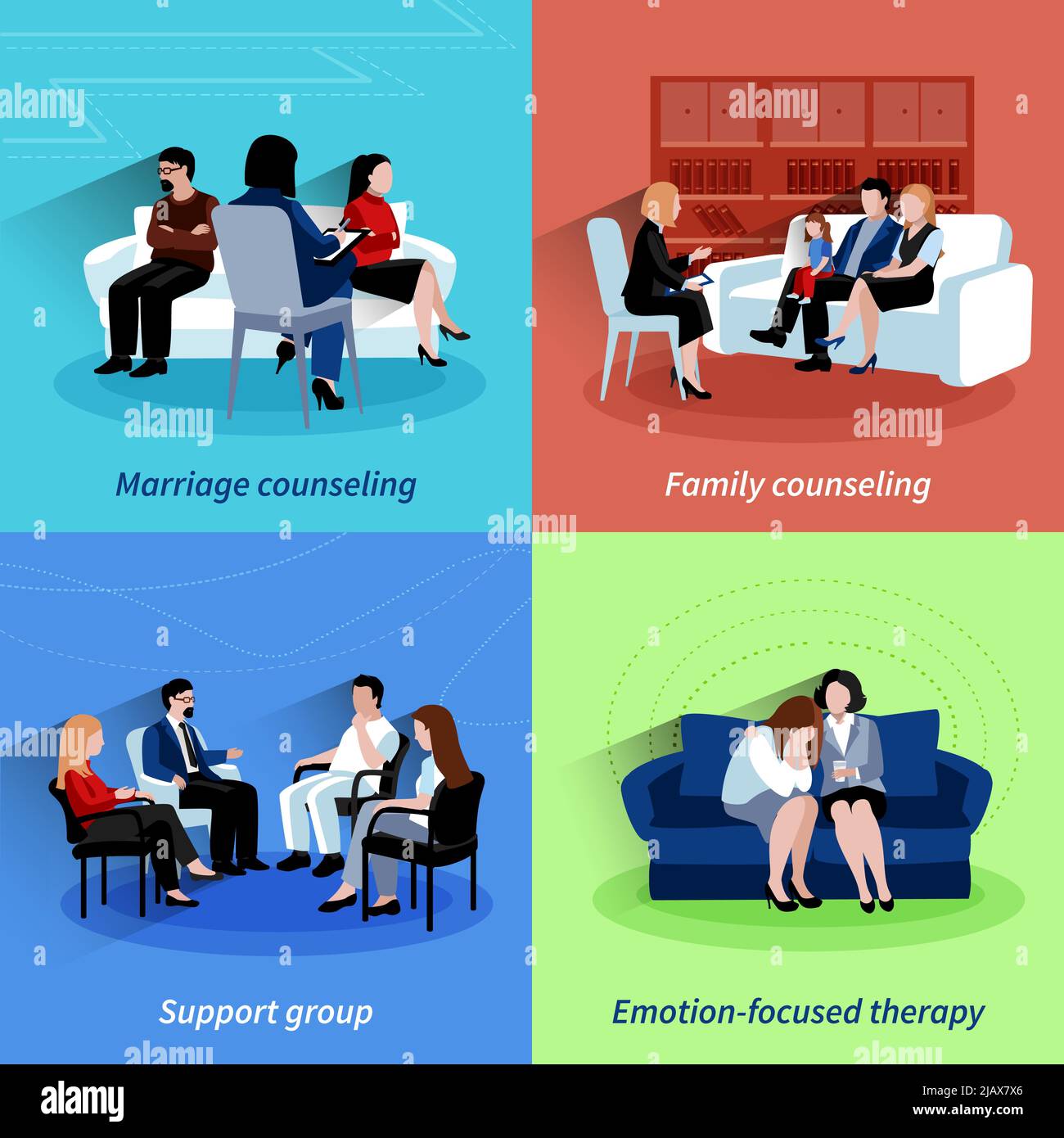 Marriage counseling center family support and emotions therapy 4 flat icons square composition  abstract isolated vector illustration Stock Vector