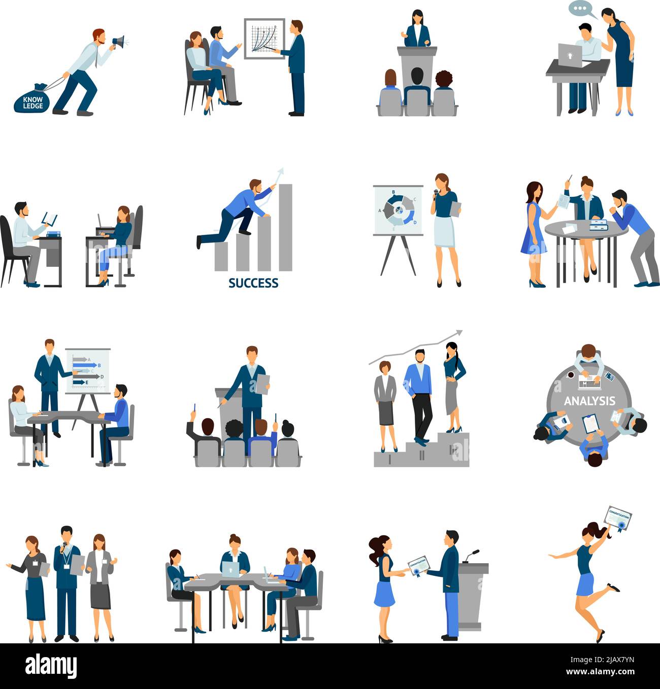 Business training and consulting service flat icons set isolated vector ...