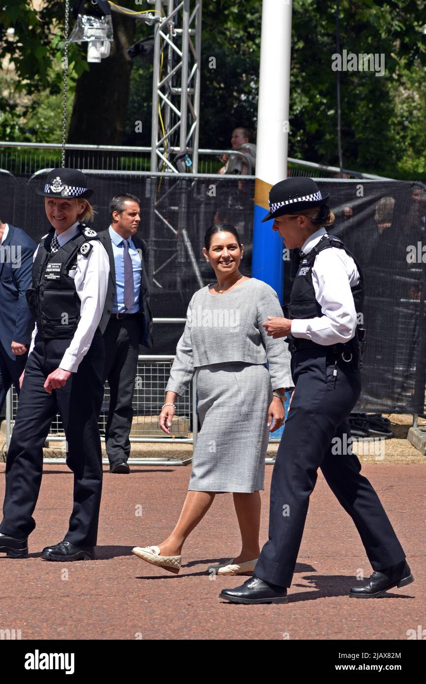 London, UK. 1st June, 2022. Priti Patel visits Buckingham palace jubilee preparations the day before the trooping of the colours. Priti Sushil Patel is a British politician who has served as Home Secretary since 2019. A member of the Conservative Party, she was Secretary of State for International Development from 2016 to 2017. Patel has been the Member of Parliament for Witham since 2010.  Assistant Chief Constable Barbara Gray on the left Credit: JOHNNY ARMSTEAD/Alamy Live News Stock Photo