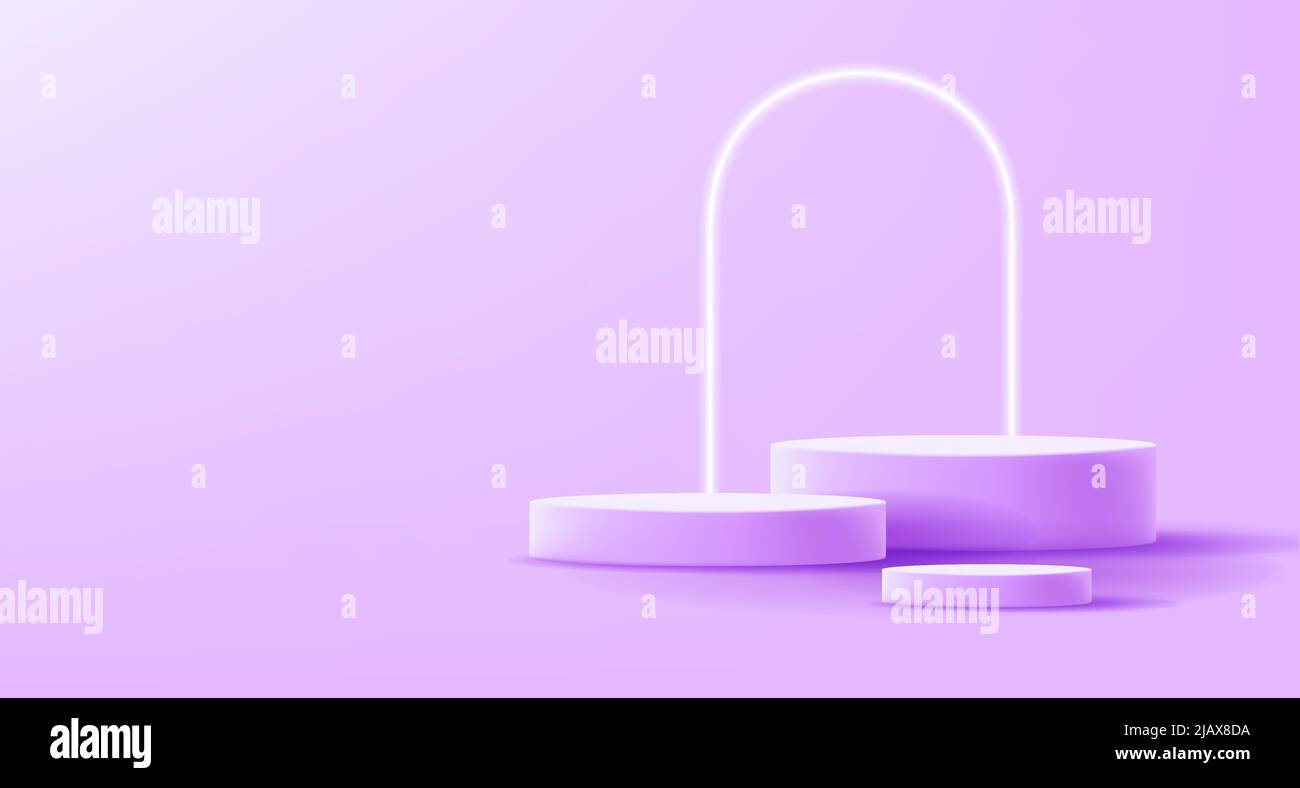 3d render composition of cylinder shaped podium and arch in violet pink colors, three empty platforms. Vector illustration Stock Vector