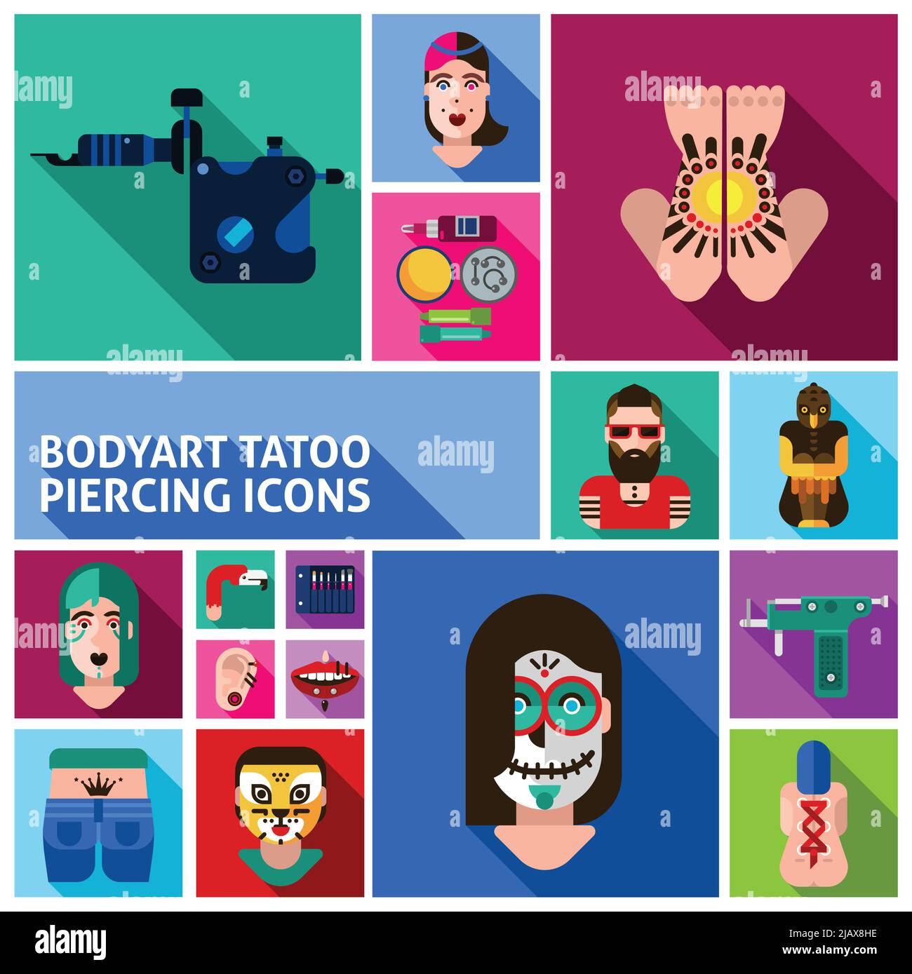 Square images and icons set of tattoo piercing and bodyart drawn in flat style isolated vector illustration Stock Vector