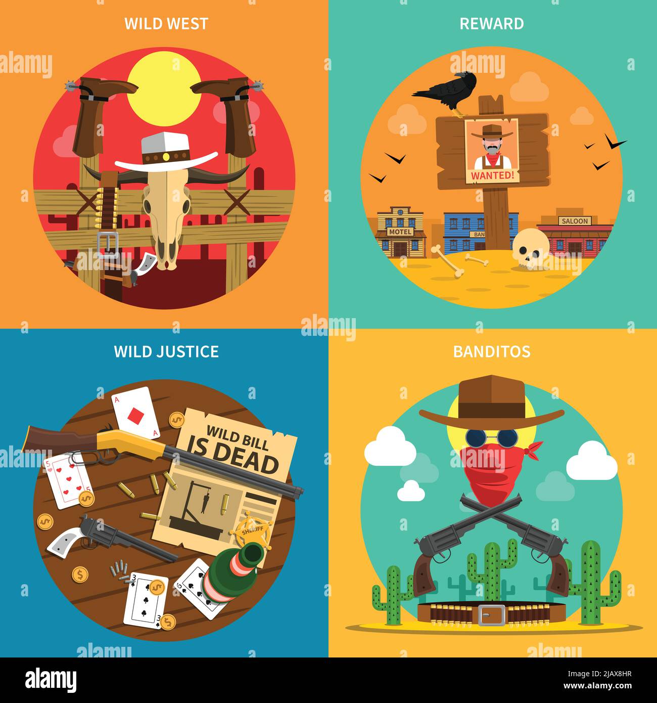 Cowboy design concept set with wild west flat icons isolated vector illustration Stock Vector