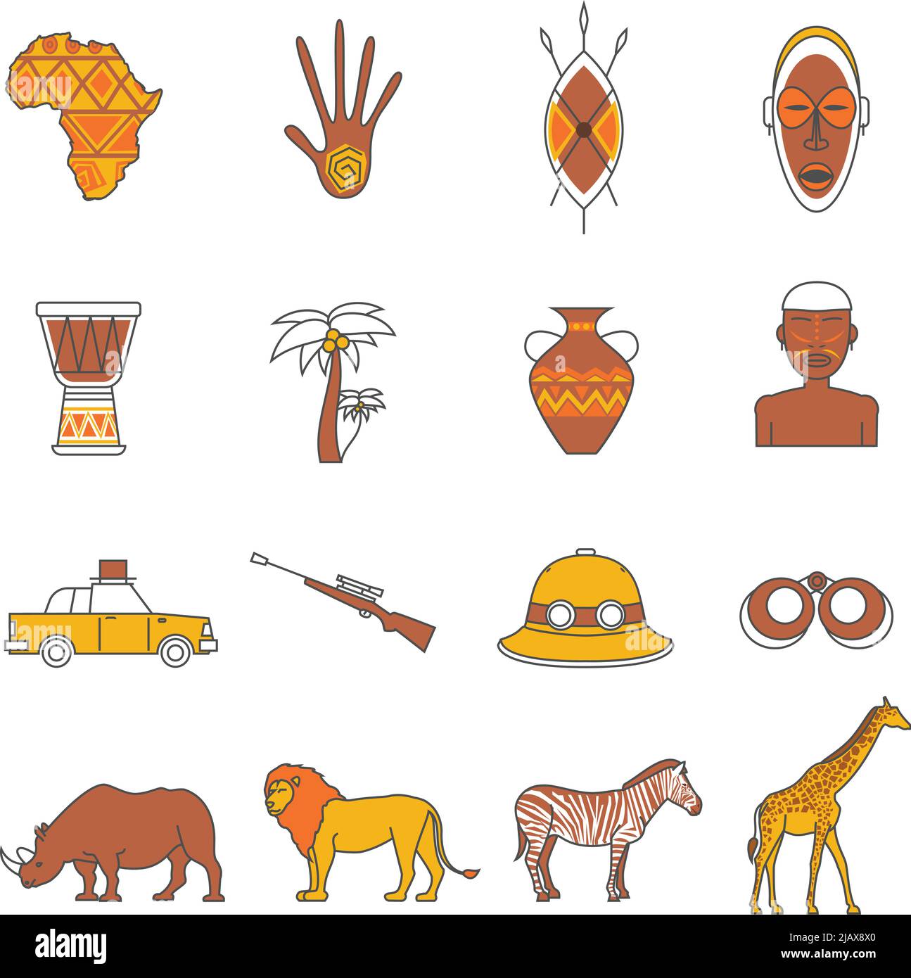 African safari animals flat outline icons set isolated vector illustration Stock Vector