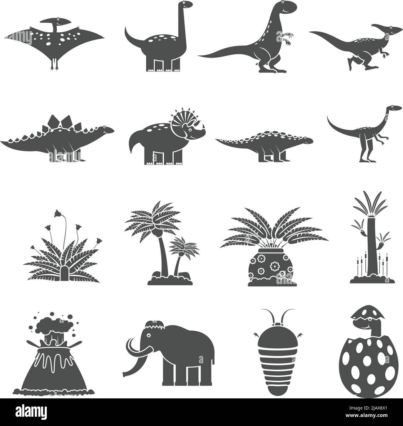 Dinosaurs and prehistoric nature black icons set isolated vector illustration Stock Vector