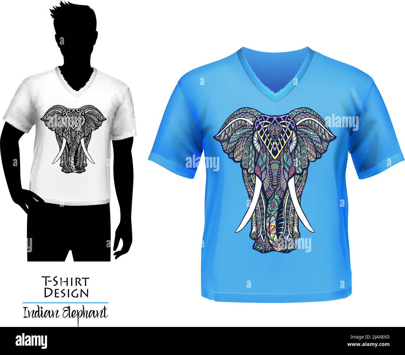 Indian souvenirs t-shirts with elephant symbol of power and good fortune white and blue  doodle vector illustration Stock Vector