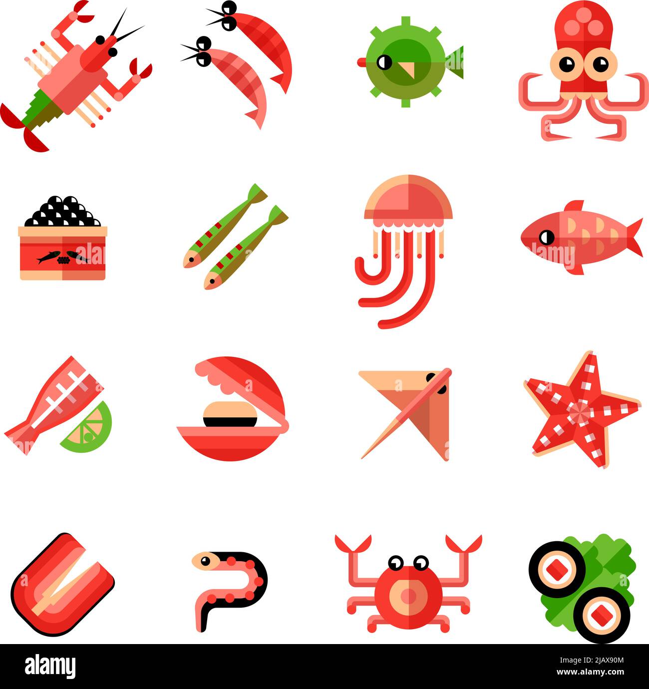 Seafood flat color icon set with octopus shrimp sushi starfish and bank of caviar in cartoon style isolated vector illustration Stock Vector