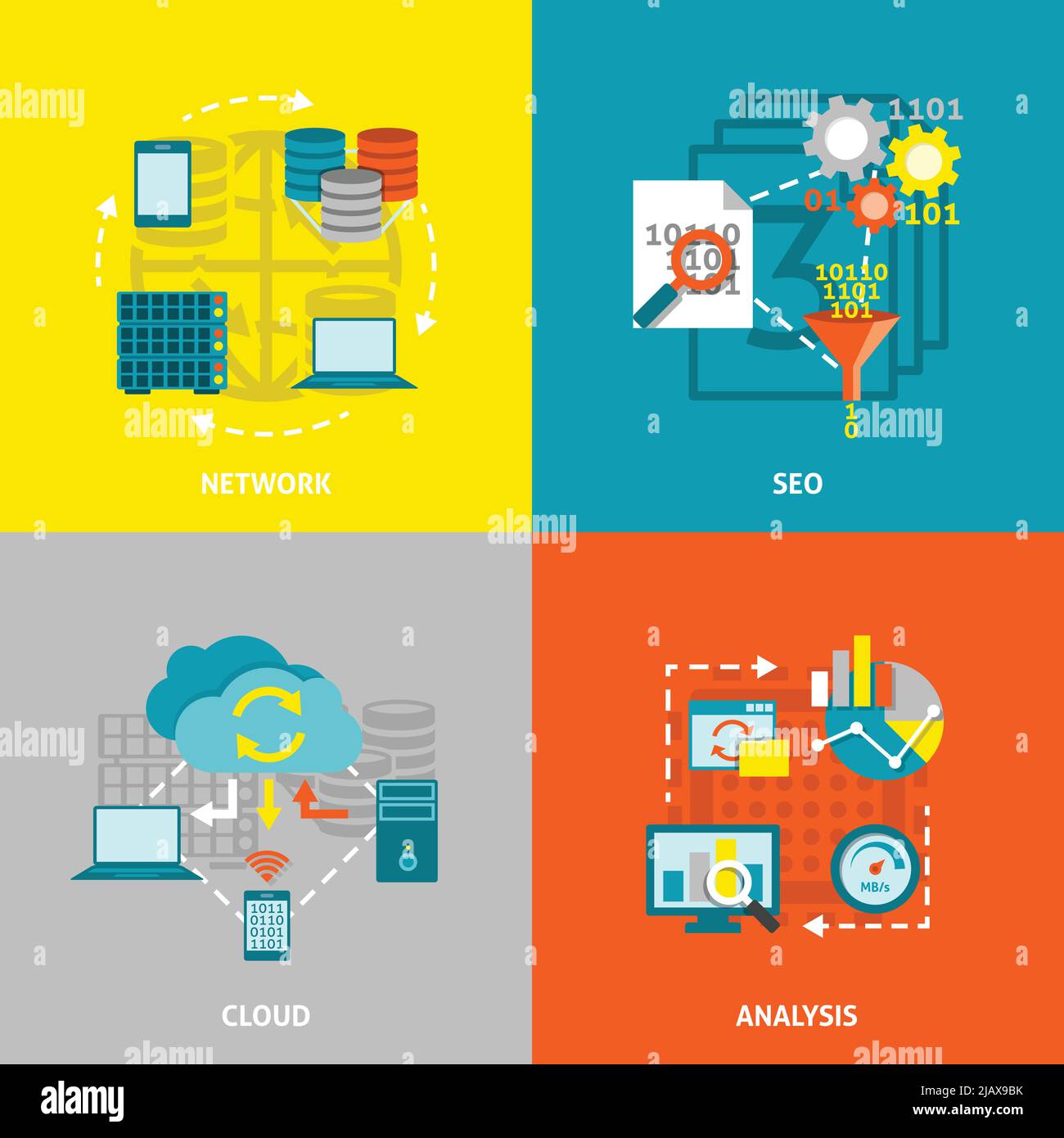 Cloud analyzes and searching engine optimization data analytics network 4 flat icons square composition banner isolated vector illustration Stock Vector