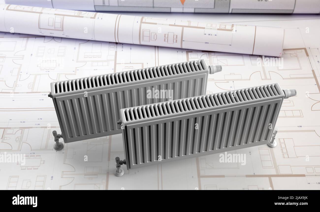 Radiator thermostat on drawing blueprint. House heating installation construction.  Manufacture design office. 3d render Stock Photo