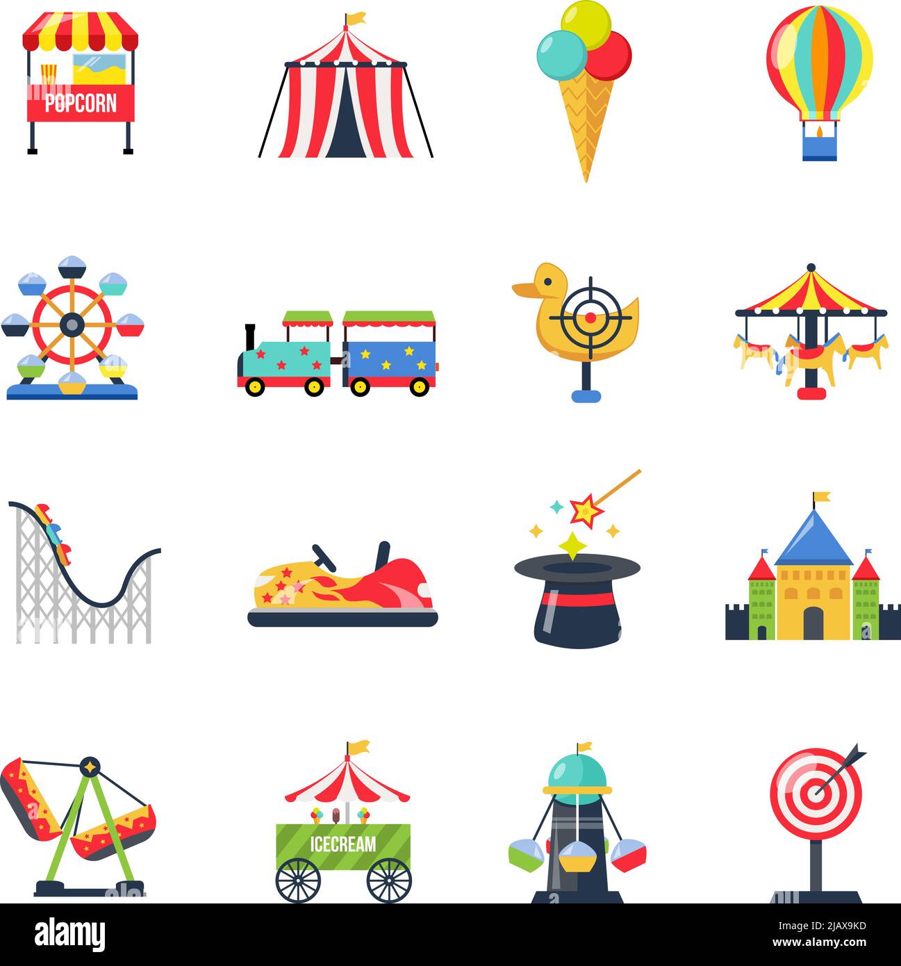 Flat color amusement park icons with roller coaster circus tent ferris wheel and airship isolated vector illustration Stock Vector