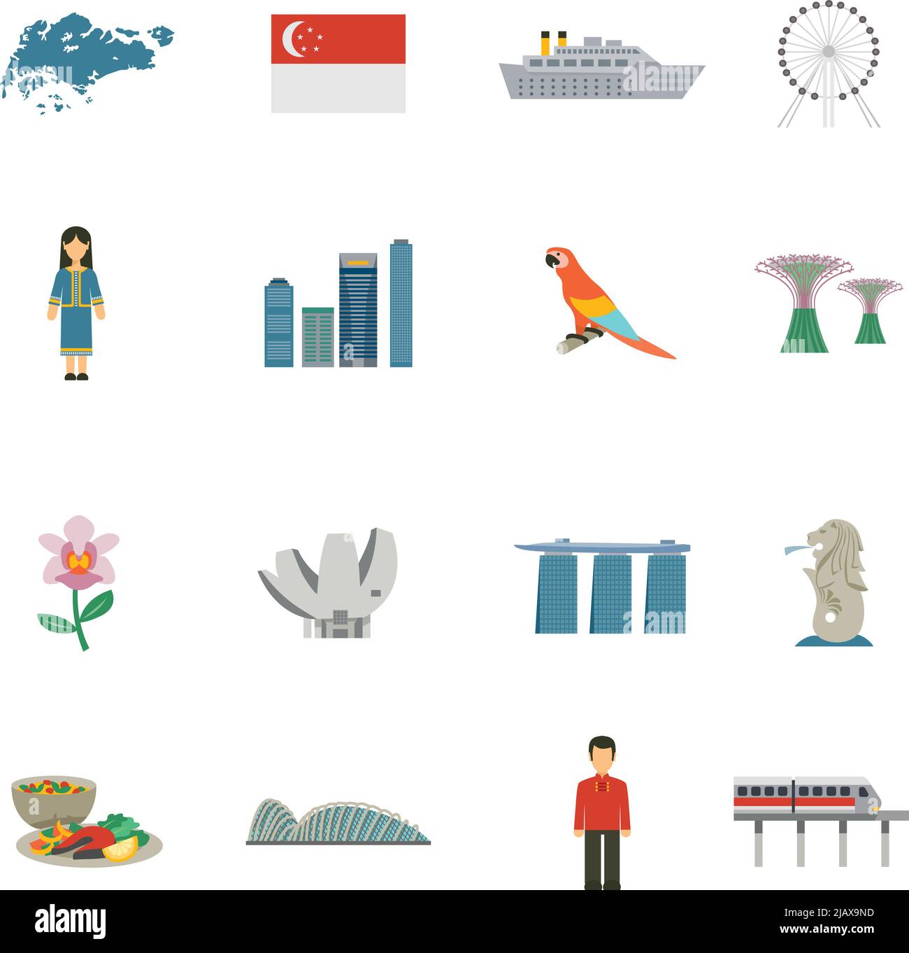 Best tourists attractions in singapore and national cultural symbols flat icons set abstract vector isolated illustration Stock Vector