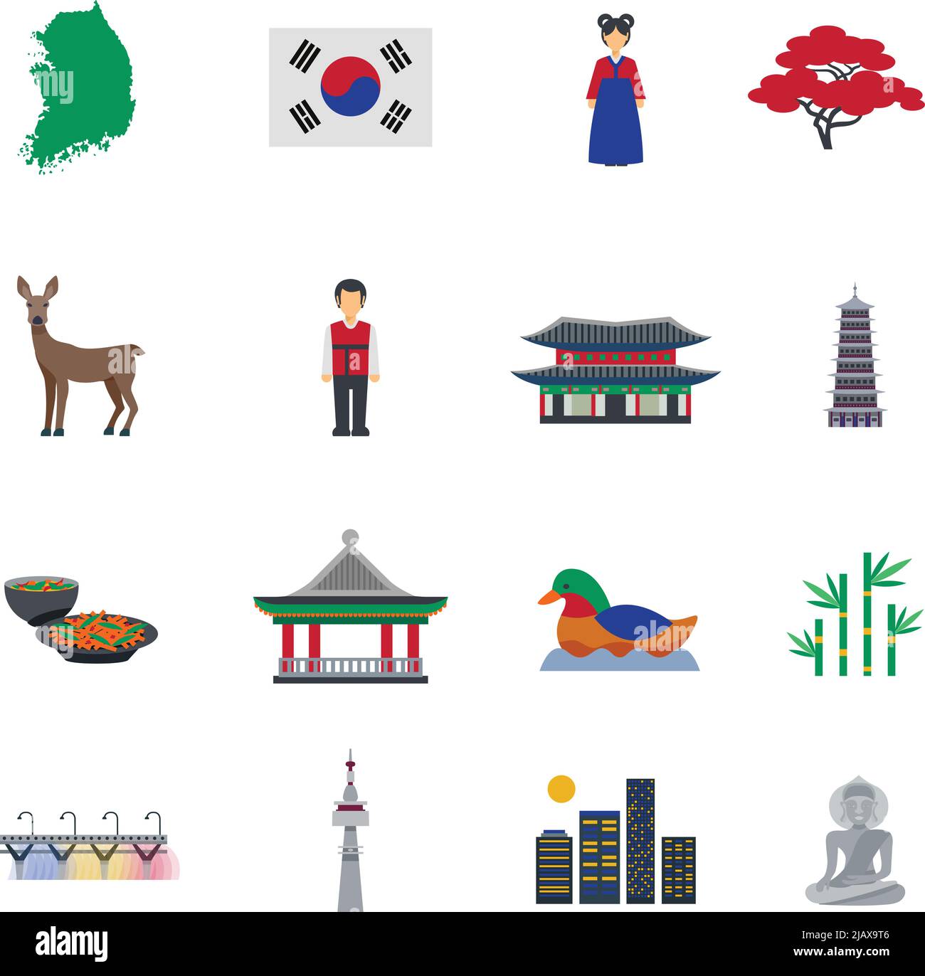 Korean traditional food clothing landmarks and national cultural symbols flat icons collection abstract isolated vector illustration Stock Vector