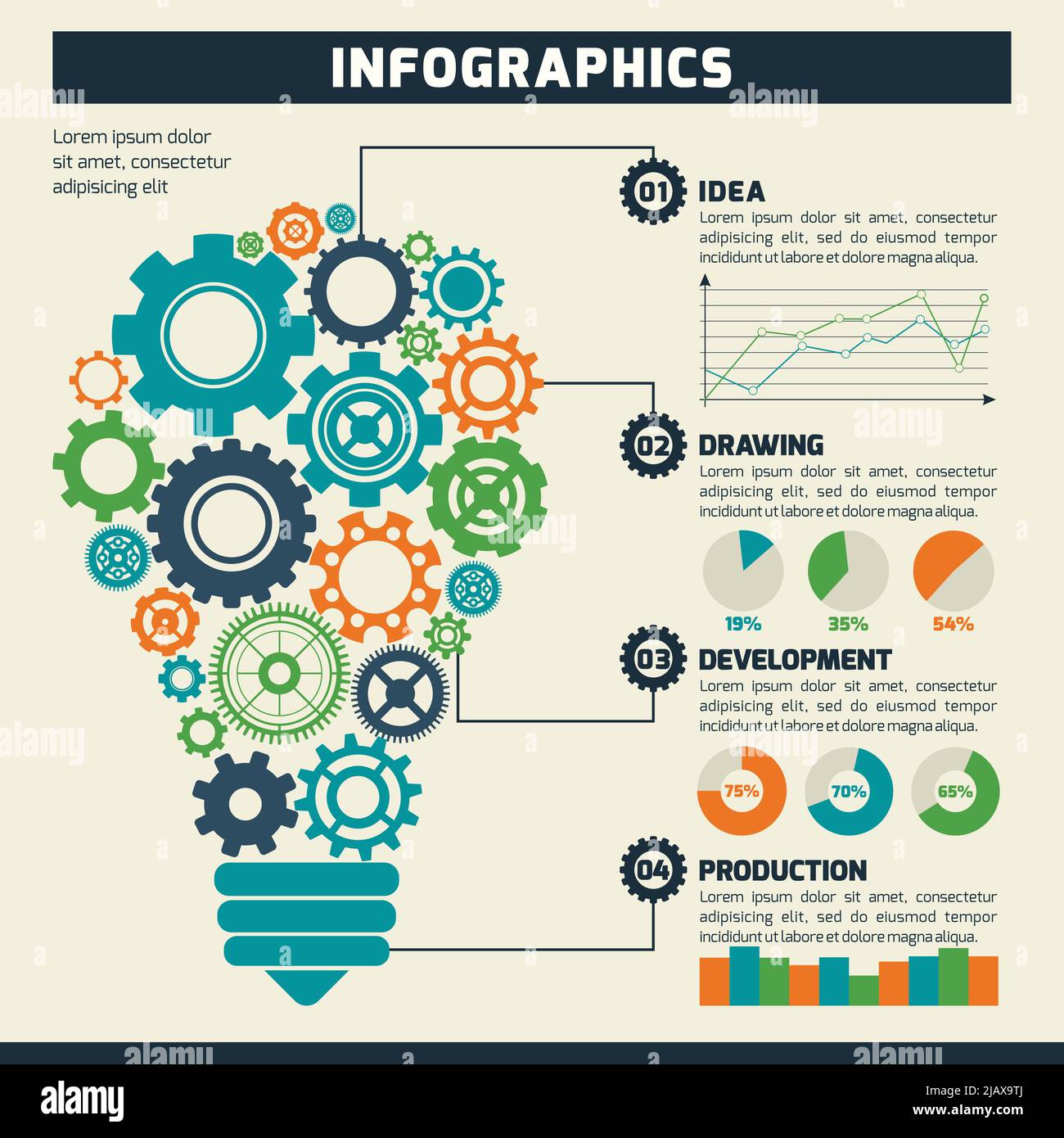 Business idea development and production infographics with gear lightbulb and charts vector illustration Stock Vector