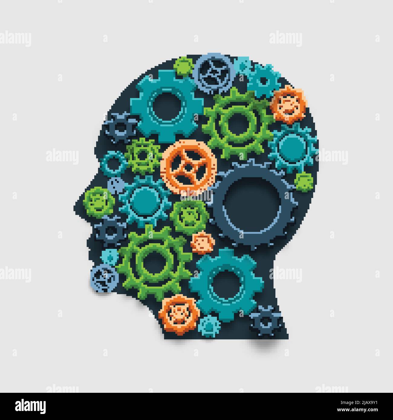 Human head made of colored gears brain thinking and creativity mechanism concept vector illustration Stock Vector