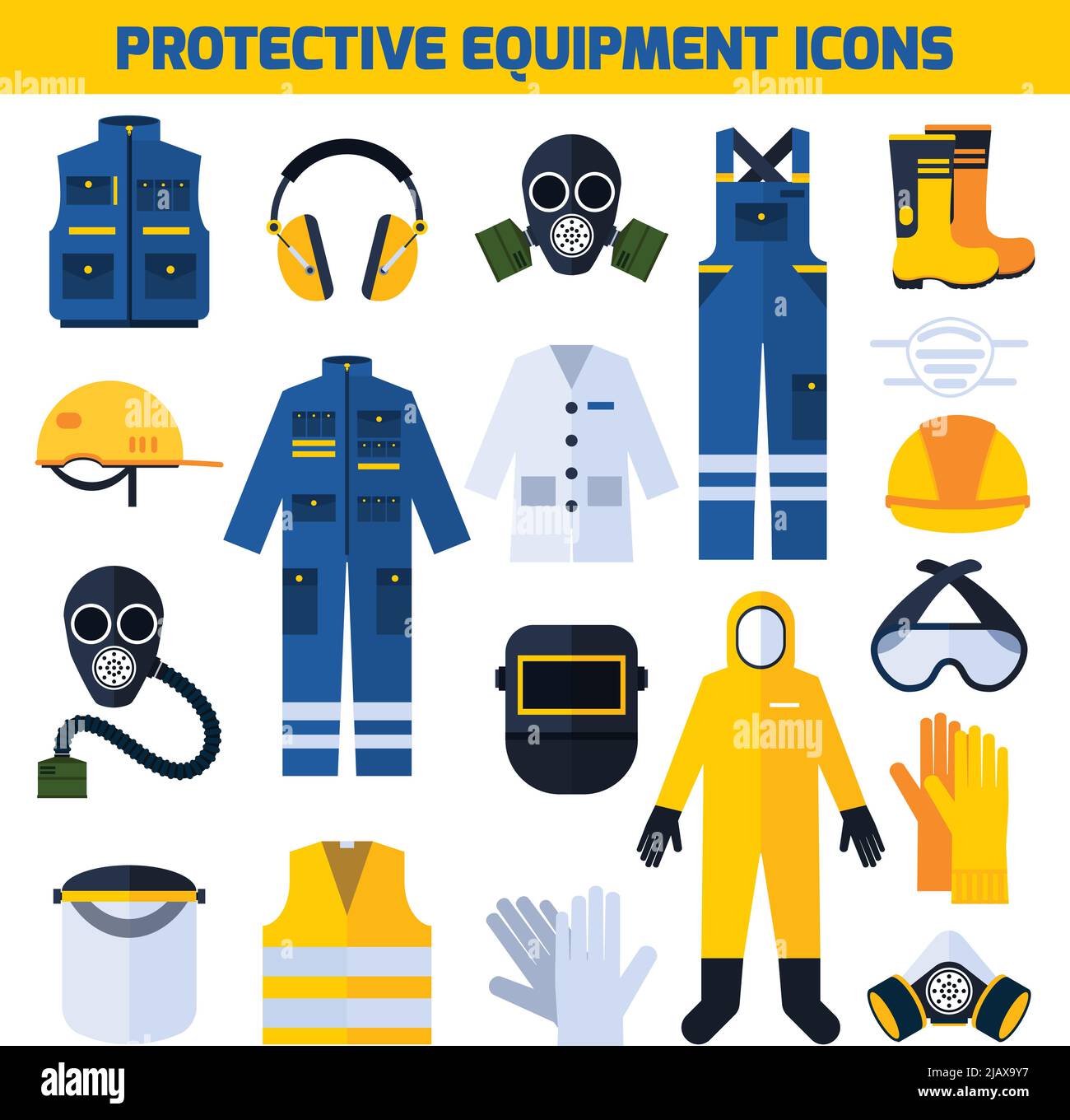 Protective uniform respiratory equipment flat icons collection for