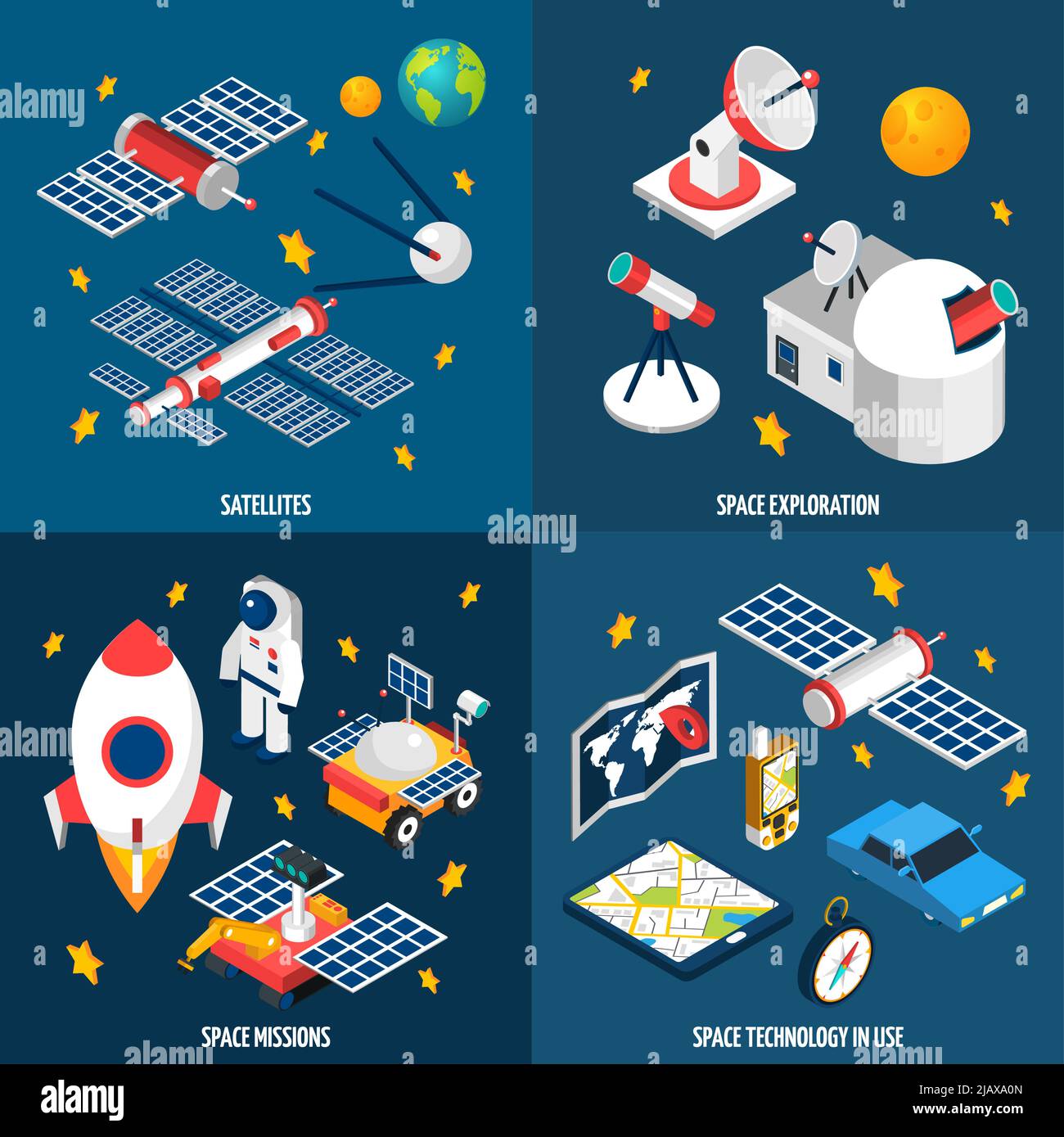 Isometric composition abot space exploration with different equipment with dark background vector illustration Stock Vector