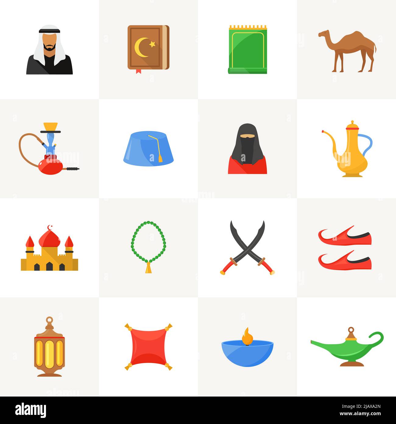 Arabic culture flat icons set with islamic symbols isolated vector illustration Stock Vector