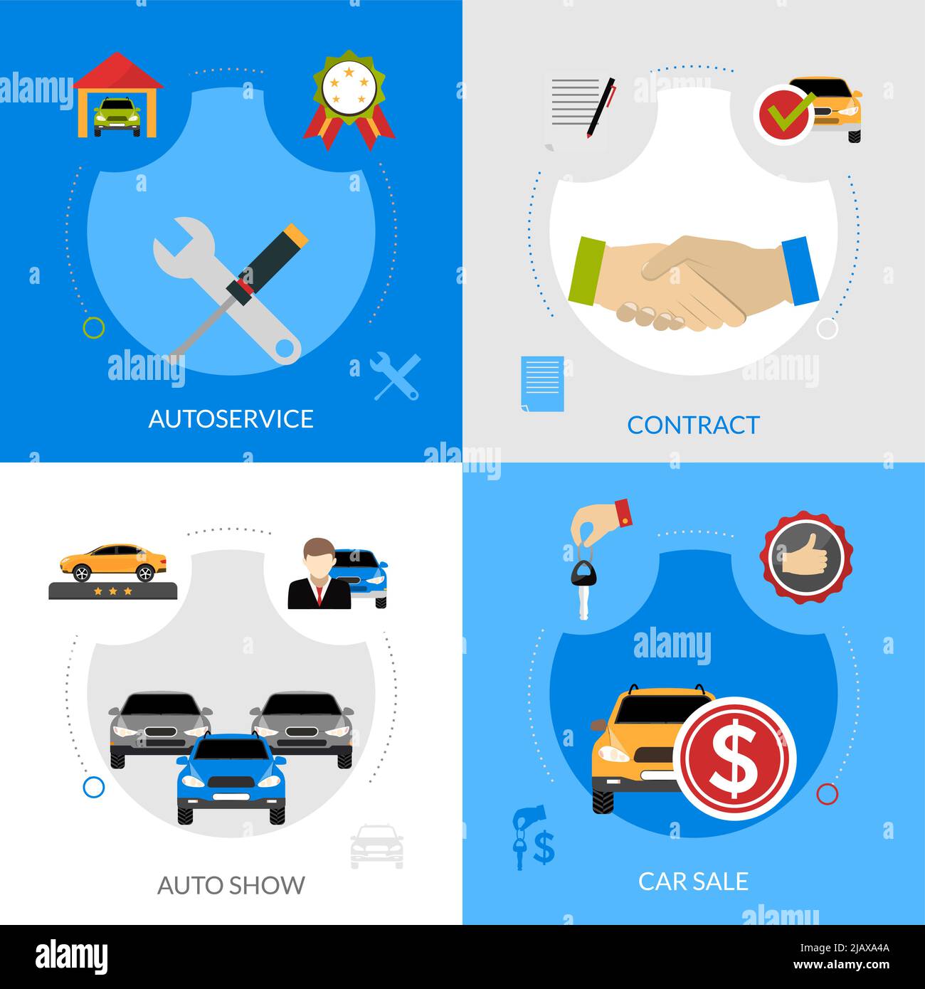 Car dealership flat icons composition of automobile sale autoservice buying contract and auto show square concept vector illustration Stock Vector