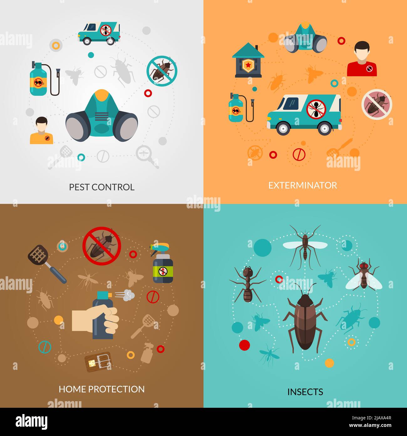 Home pest control services 4 flat icons square composition for detecting exterminating insects and rodents abstract isolated vector illustration Stock Vector