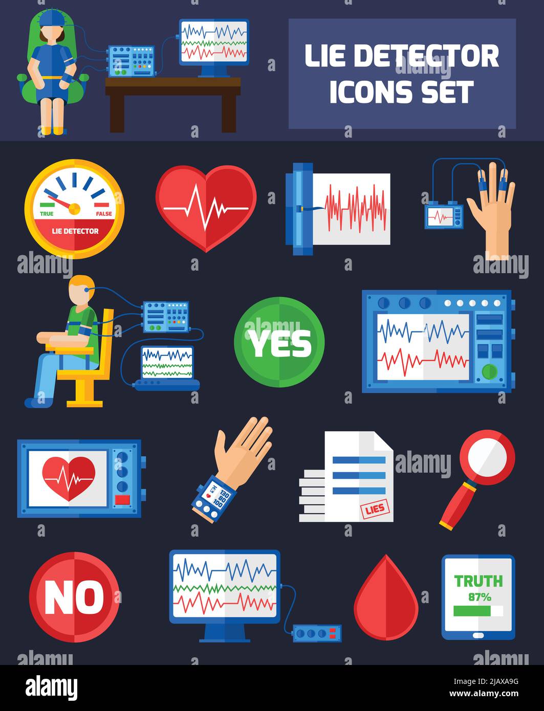 Set color icons with dark background on theme of lie detection using different methods for websites presentation vector illustration Stock Vector