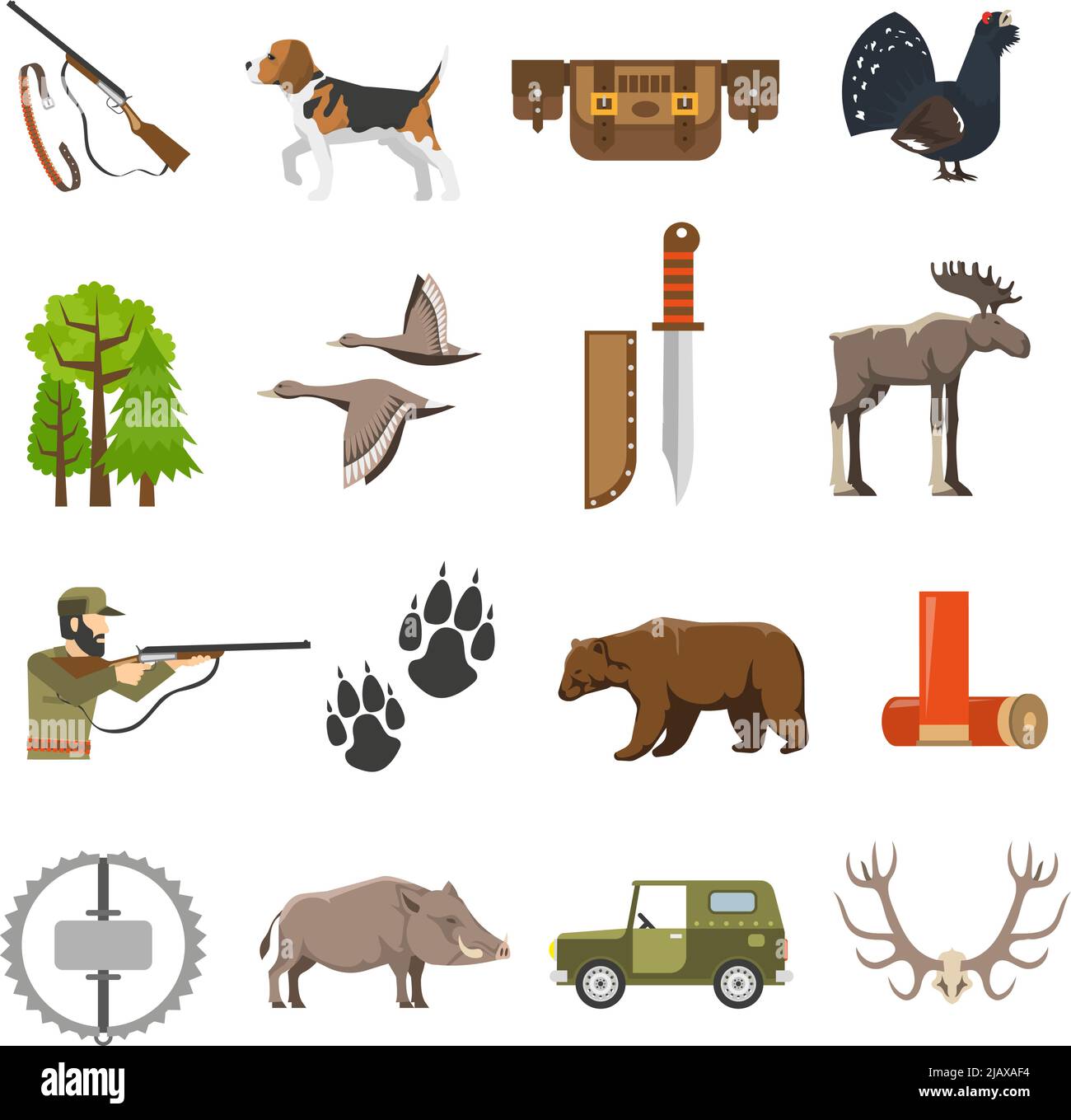 Flat color hunting icons set of wild animals and birds hunter with ...