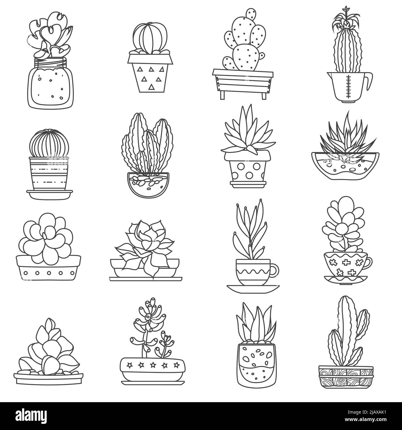 Cactus line black white icons set with different types of succulents ...