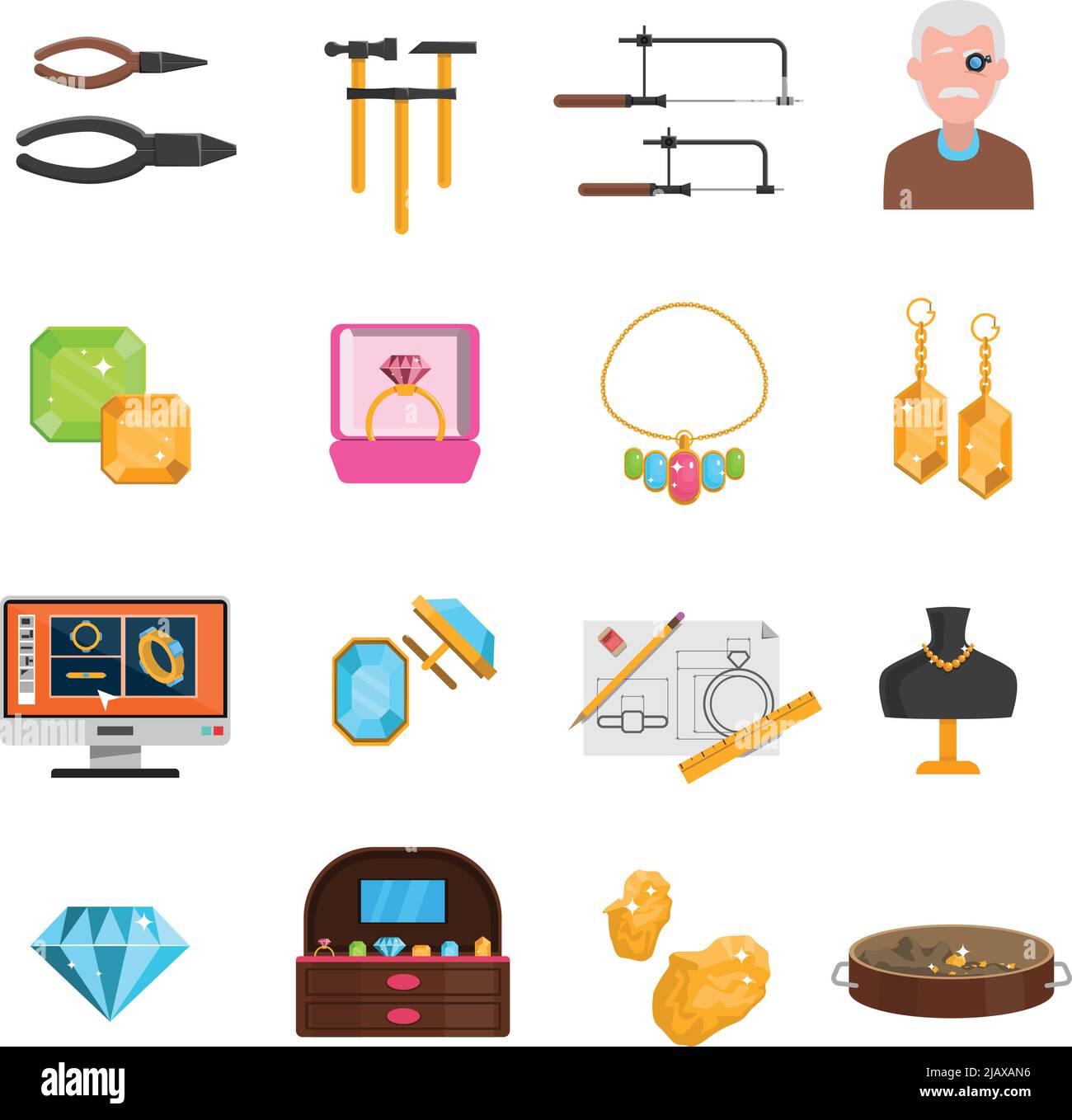 Jeweller icons set with earrings and necklace flat isolated vector ...