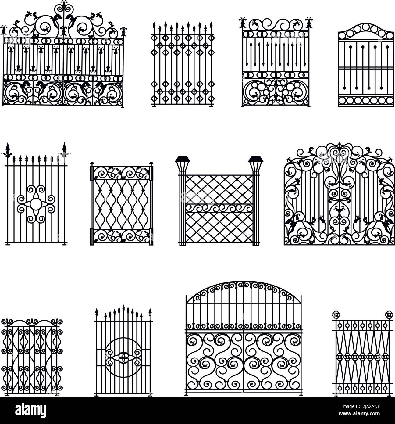 Decorative black white fences set with gates flat isolated vector illustration Stock Vector