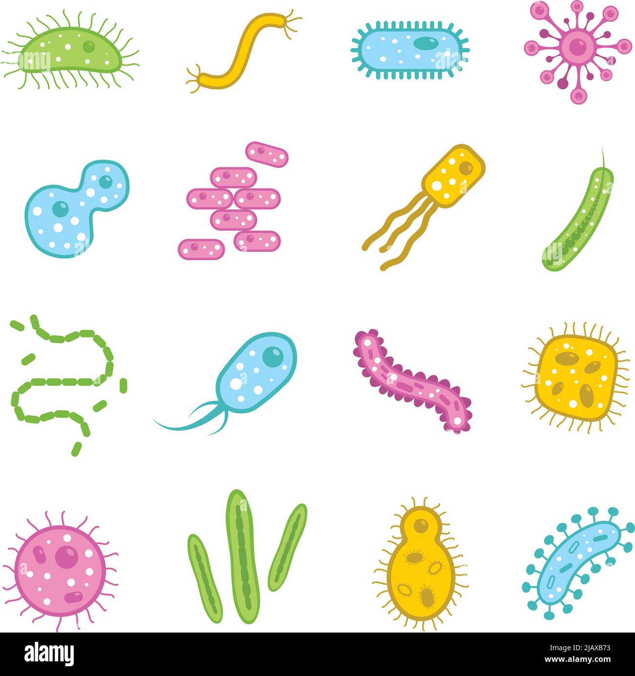 Bacteria and verus microscopic organisms flat icons set isolated vector illustration Stock Vector