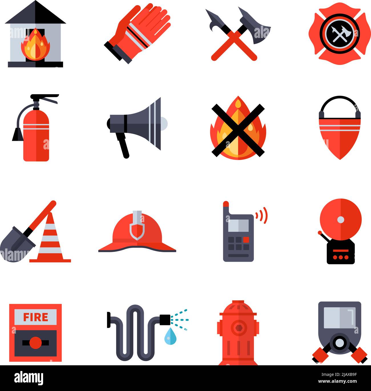 Fire department decorative flat icons collection of fireman equipment and tools with hatchet bucketful spade helm extinguisher isolated vector illustr Stock Vector