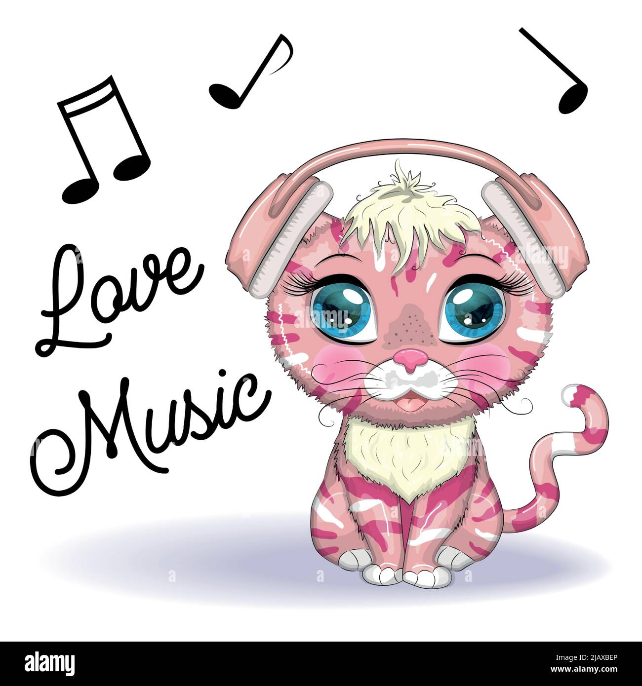 Cartoon cat music lover in headphones listens to music, concert. Cute child character, symbol of 2023 new chinese year Stock Vector