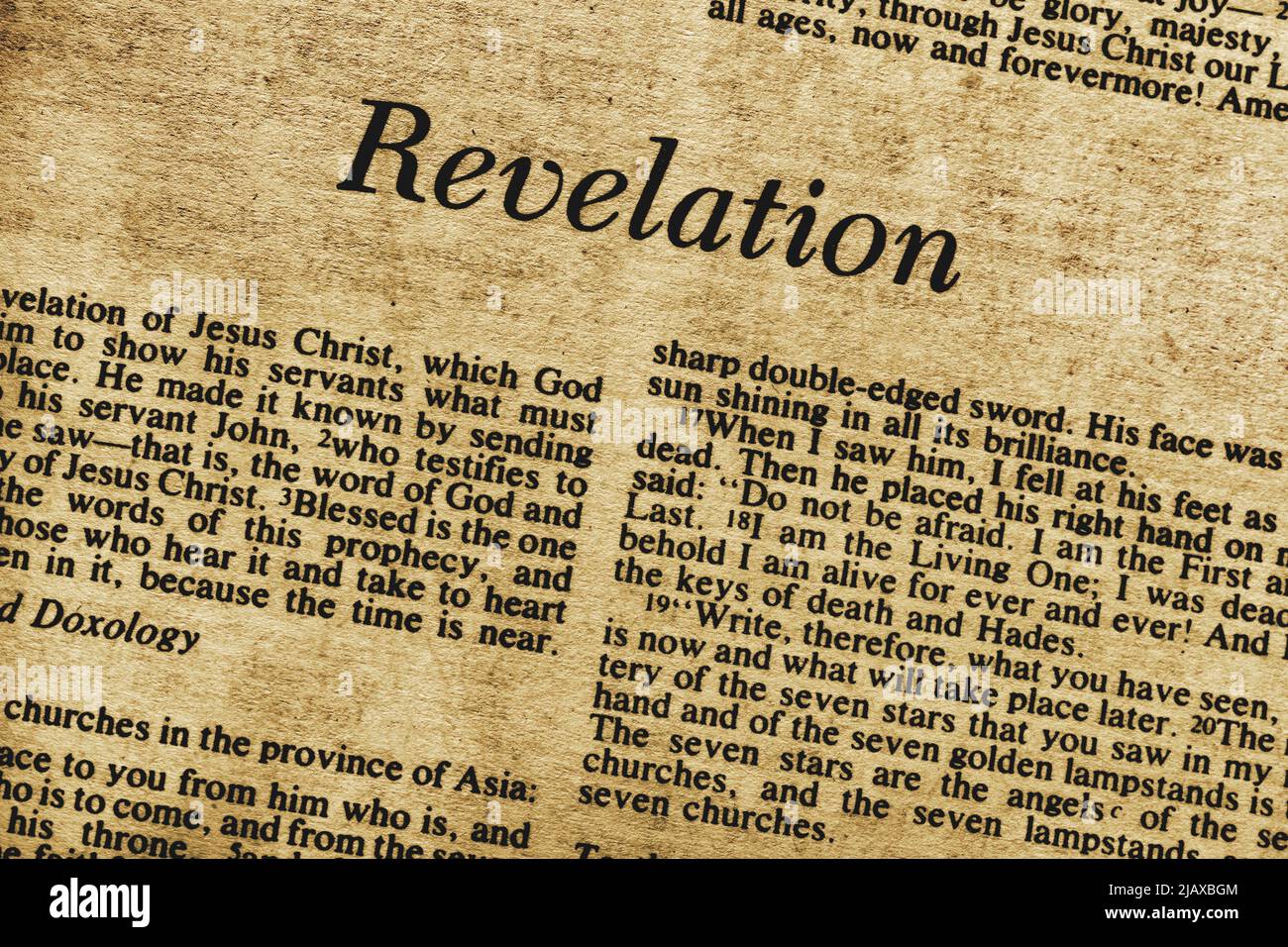 First page of Revelation in the Holy Bible Stock Photo Alamy