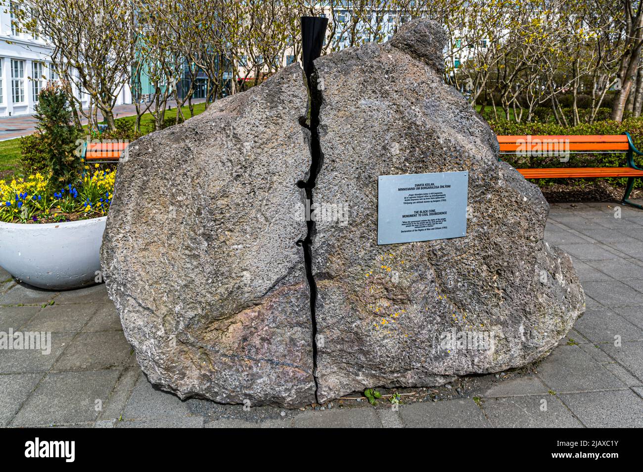 The Black Cone in Reykjavik, Iceland. Monument to Civil Disobedience acording to the declaration of the Rights of Man and Citizen (1793) Stock Photo