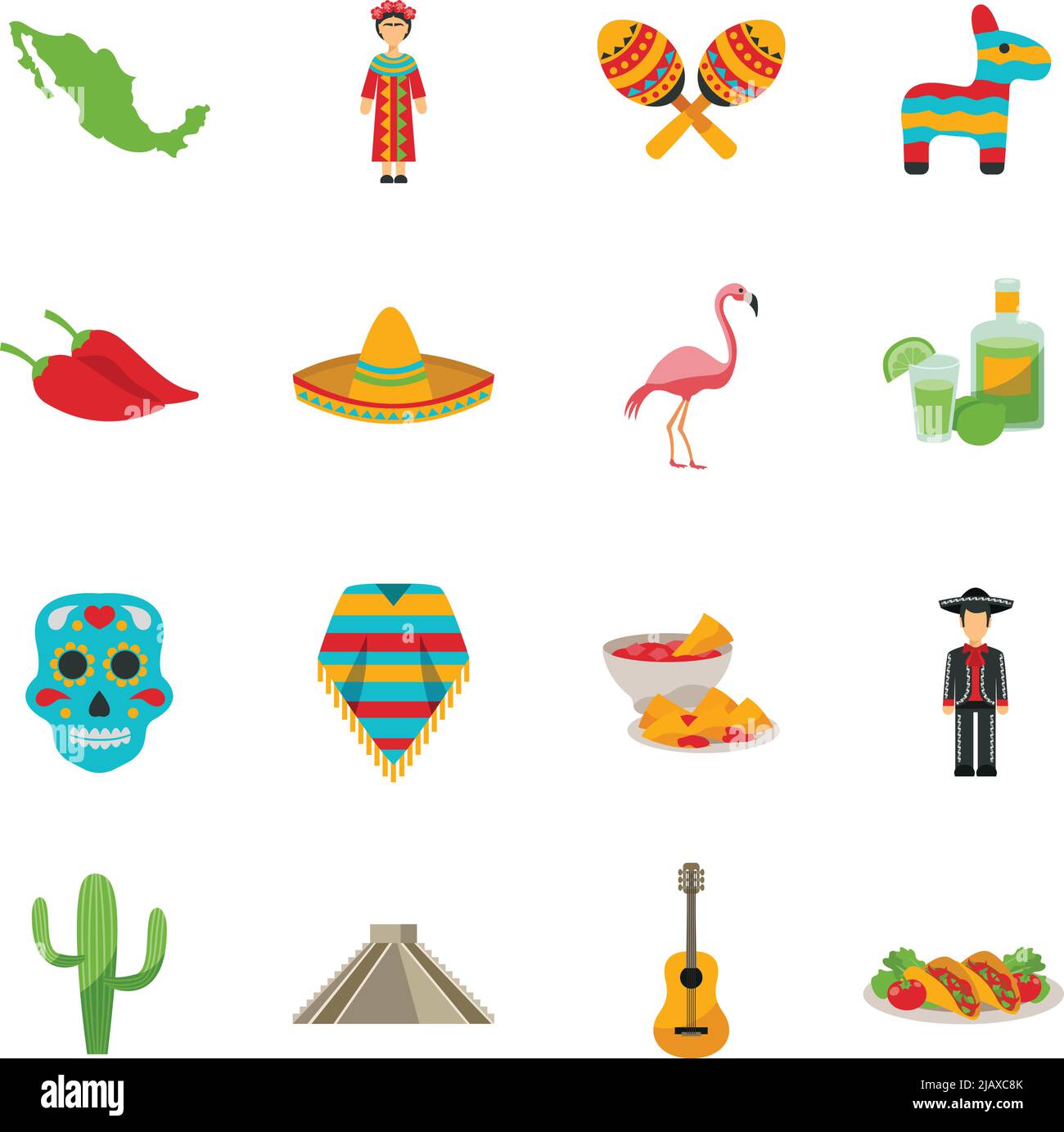 Set of flat icons with traditional food costumes animals and sightseeings of Mexico vector illustration Stock Vector