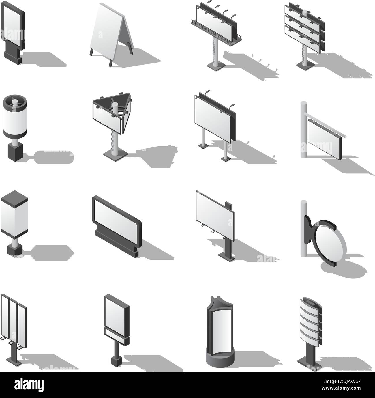 Street Advertising Icons Set. Signboard Isometric Vector Illustration. Advertising Billboards Symbols. Blank Billboards Design Set. Signboards  Templa Stock Vector