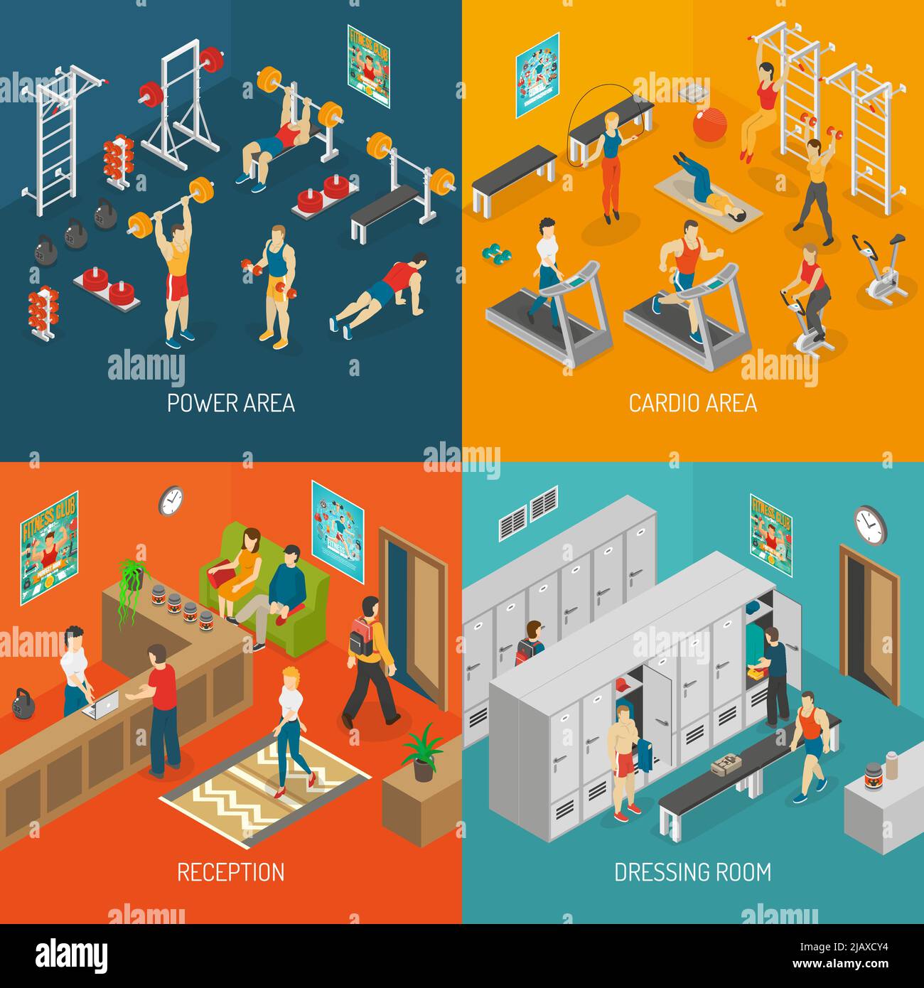 Fitness Isometric Set. Fitness Vector Illustration. Fitness Isolated Elements. Fitness Icons Set. Fitness Concept Collection. Stock Vector