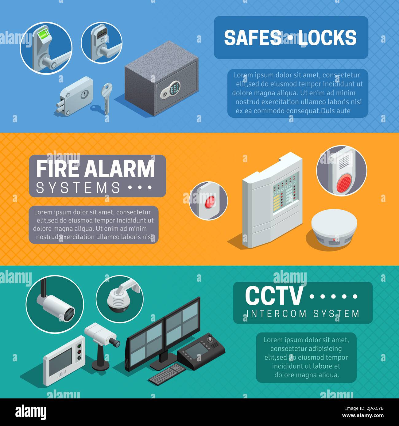 Home security system description 3 horizontal isometric banners set with cctv and fire alarm abstract isolated vector illustration Stock Vector