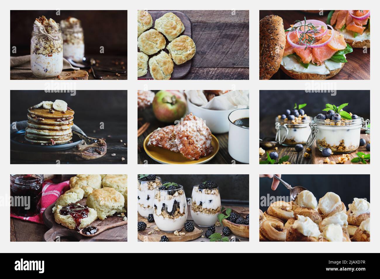 Collage of low key American style breakfast including overnight oats, lox, southern biscuits, pancakes, parfaits, apple fritters, and cinnamon rolls. Stock Photo