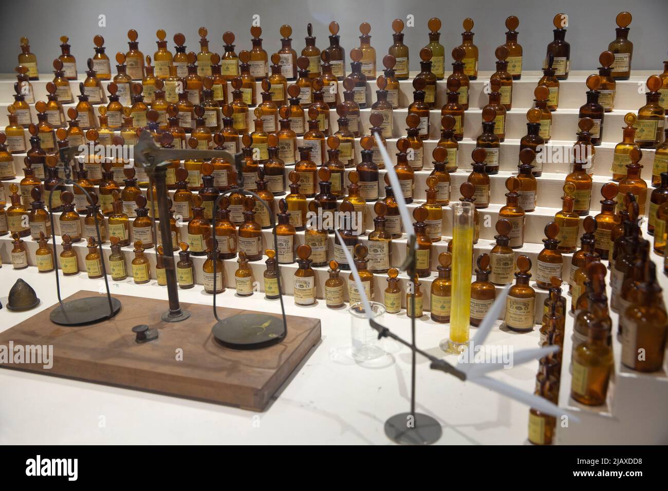 The perfumer's organ that belonged to Jean Carles, the early 20th century creator of perfumes including Miss Dior and Ma Griffe by Carven, at the Musée International de la Parfumerie (International Perfume Museum) in Grasse, France on September 9, 2021. Head of the first school of perfumery in Grasse, it is Carles who conceived the olfactory pyramid. Grasse has had a prospering perfume industry since the end of the 18th century and is considered the world's capital of perfume. There are numerous of old 'parfumeries' in Grasse, such as Galimard, Molinard and Fragonard, each with tours and a mus Stock Photo