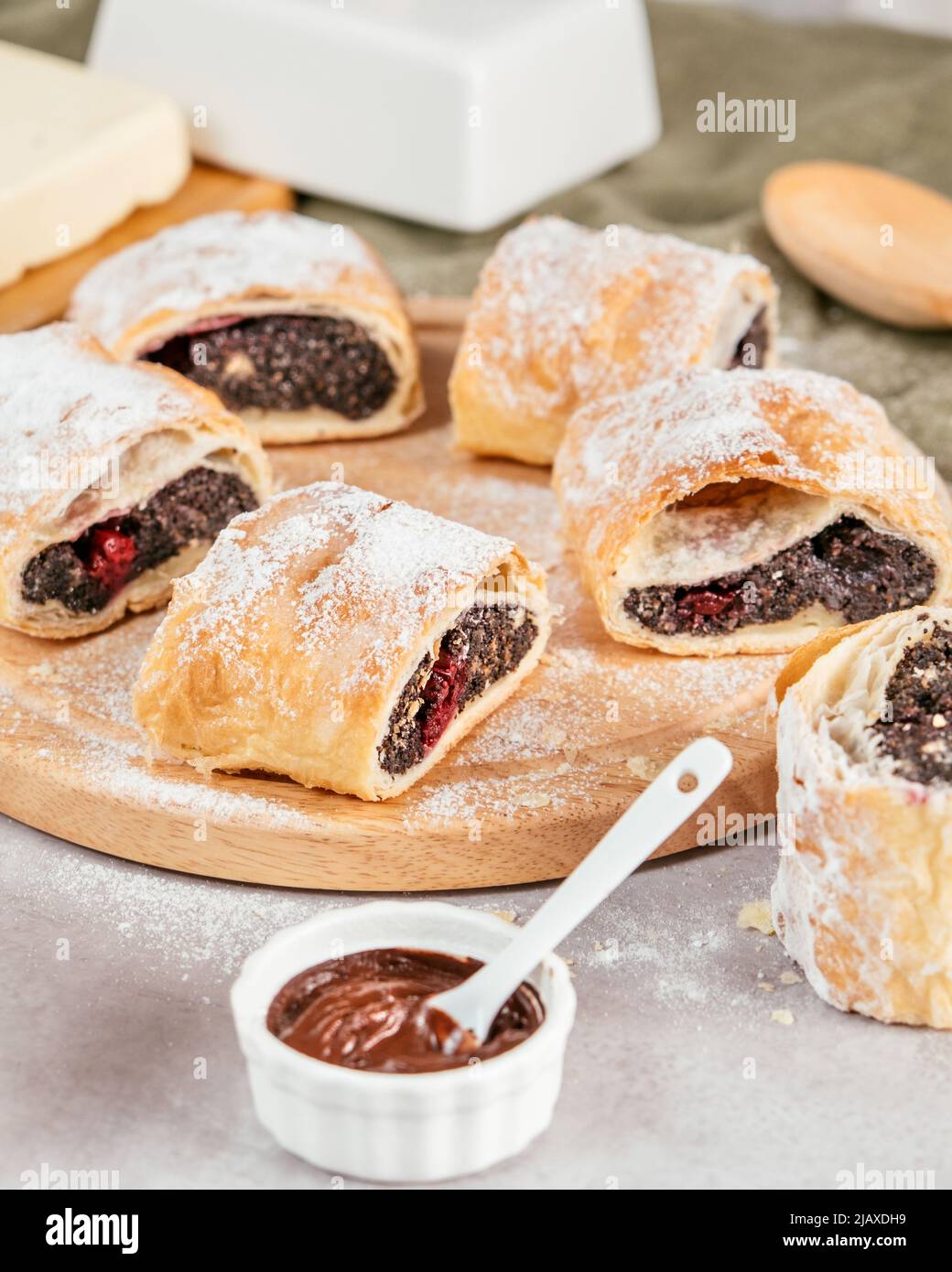 strudel (pastry) with poppy seeds and cherries Stock Photo Alamy