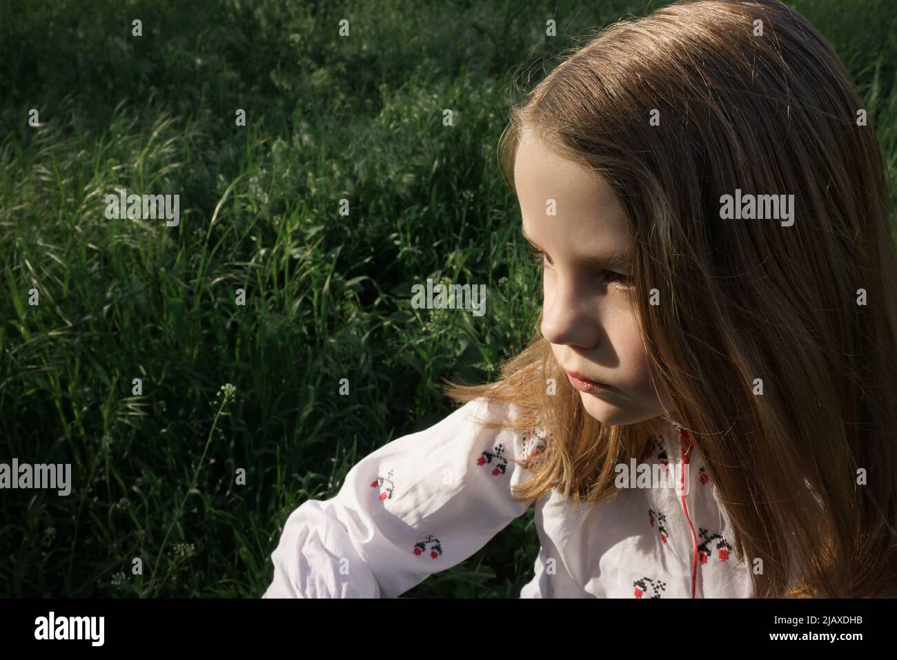 Sad girl in an embroidered shirt on a background of green grass Stock Photo