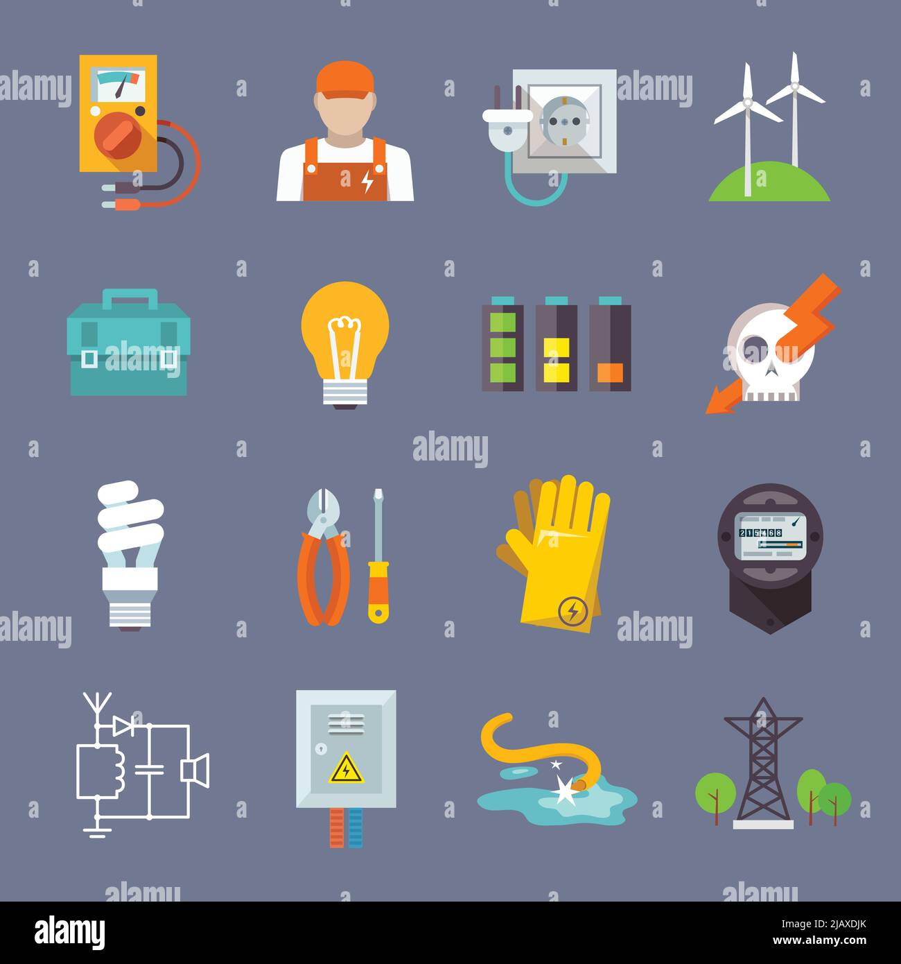 Electricity icon flat set with multimeter electrician socket pylon isolated vector illustration Stock Vector