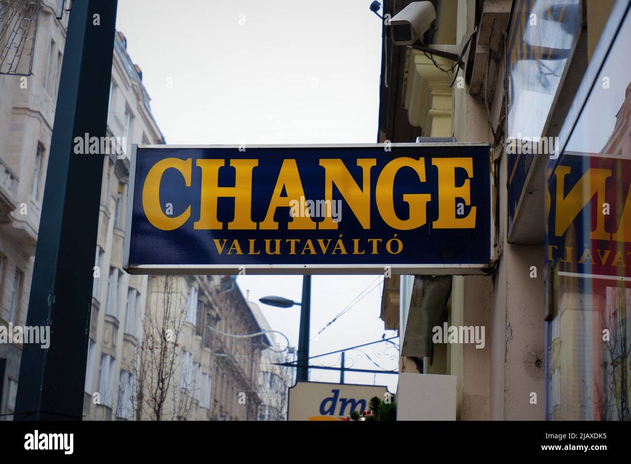 Budapest, Hungary December 15, 2021 change currency exchange sign on the facade of a building