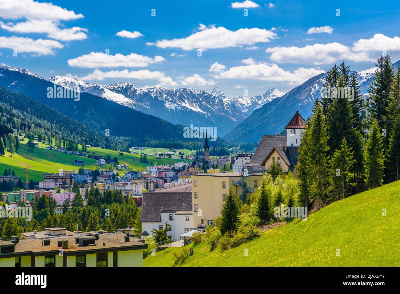 Houses in town village in Alps mountains, Davos, Graubuenden, S Stock