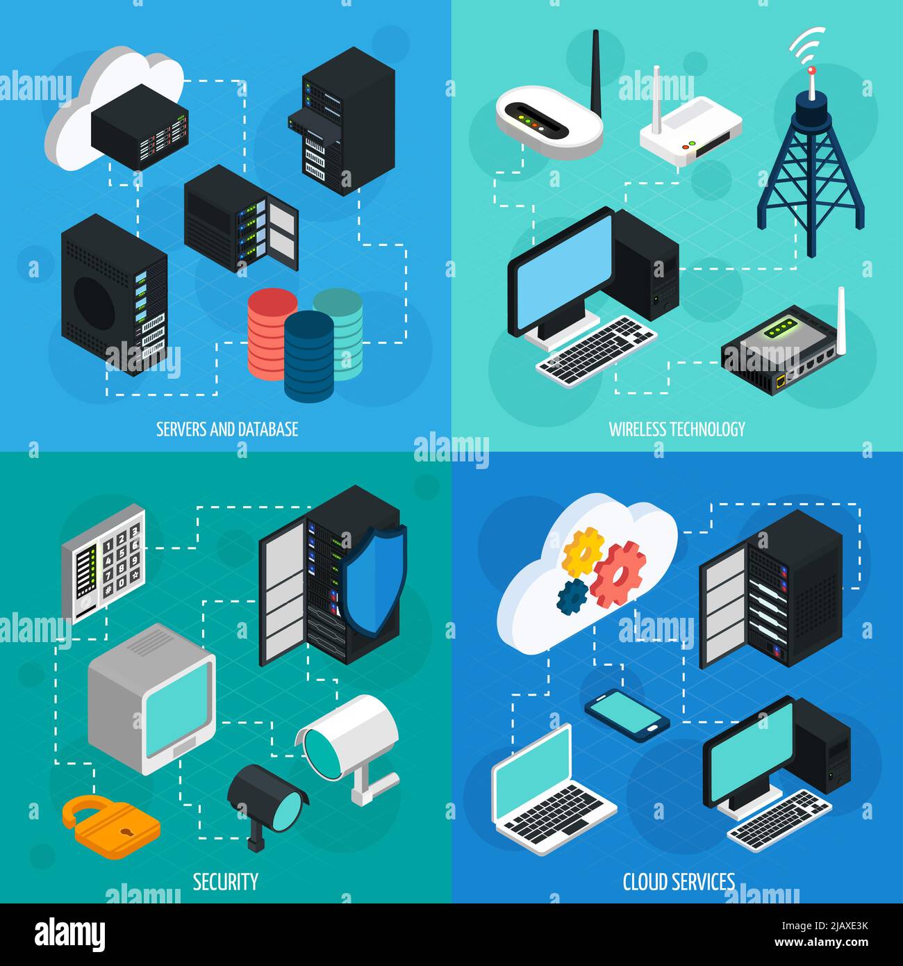 Data center 2x2 isometric icons set with database cloud services security and wireless technology isolated isometric vector illustration Stock Vector