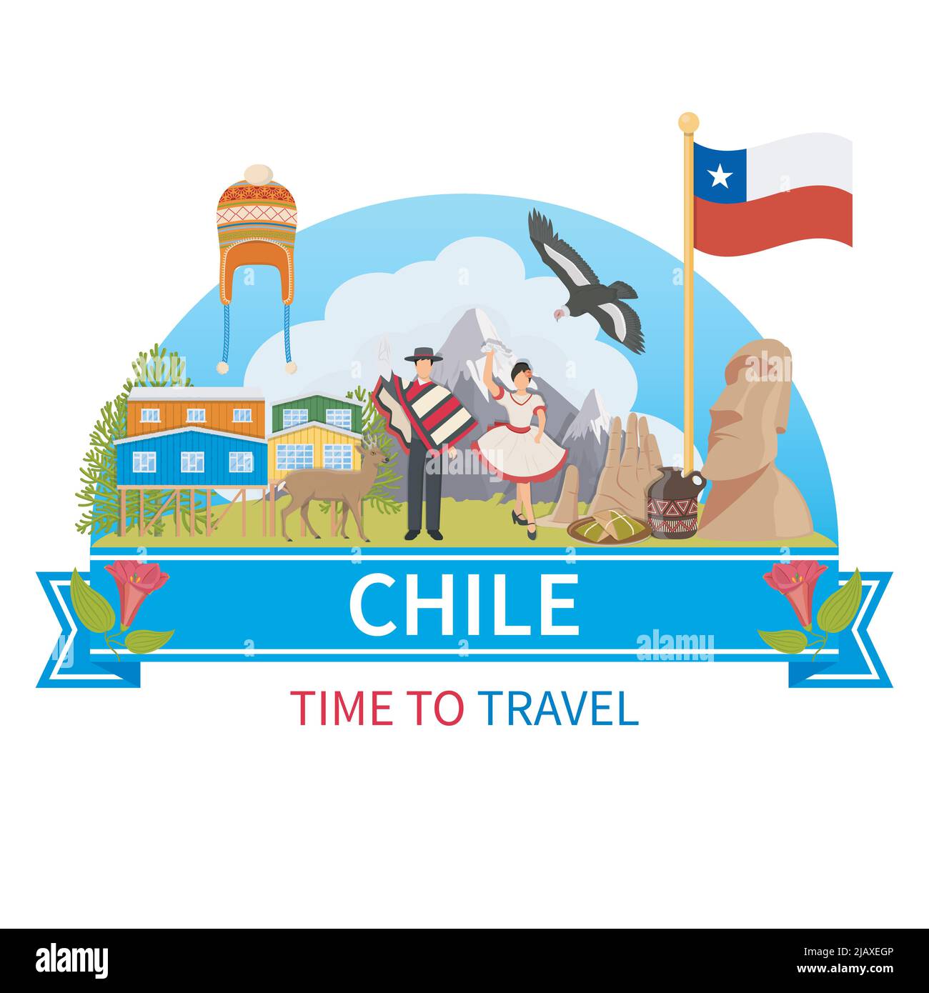 Chile flat composition with man and woman in ethnic clothes flora and fauna of national Park and historical landmarks icons vector illustration Stock Vector