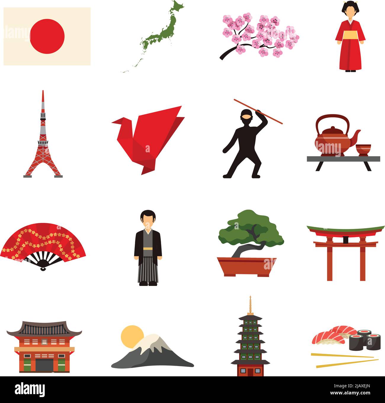 Japanese culture flat icons collection with sakura cherry blossom red lantern and bonsai abstract isolated vector illustration Stock Vector