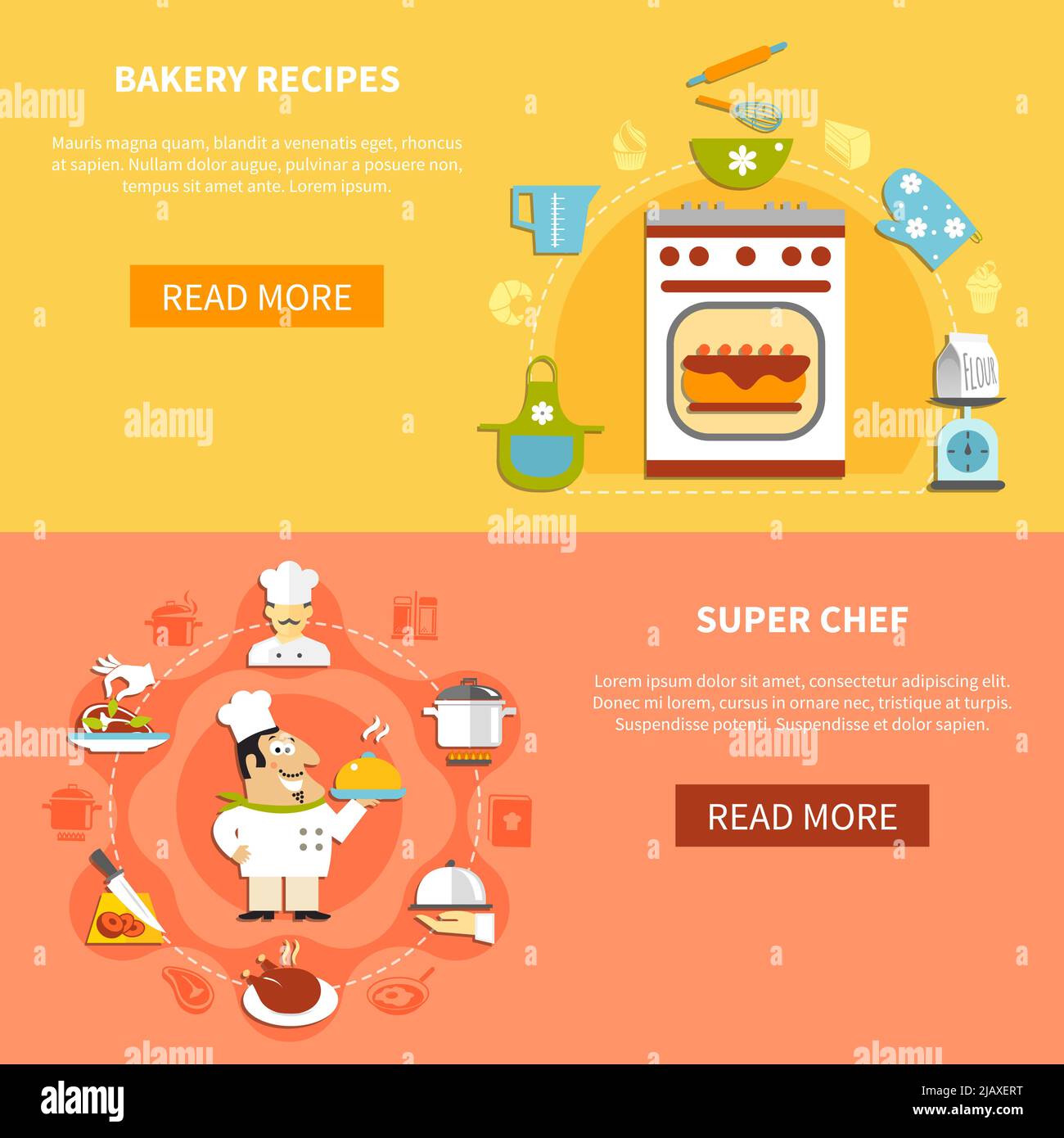 Cooking horizontal banners with home bakery ingredients chef and his tasks in flat style vector illustration Stock Vector