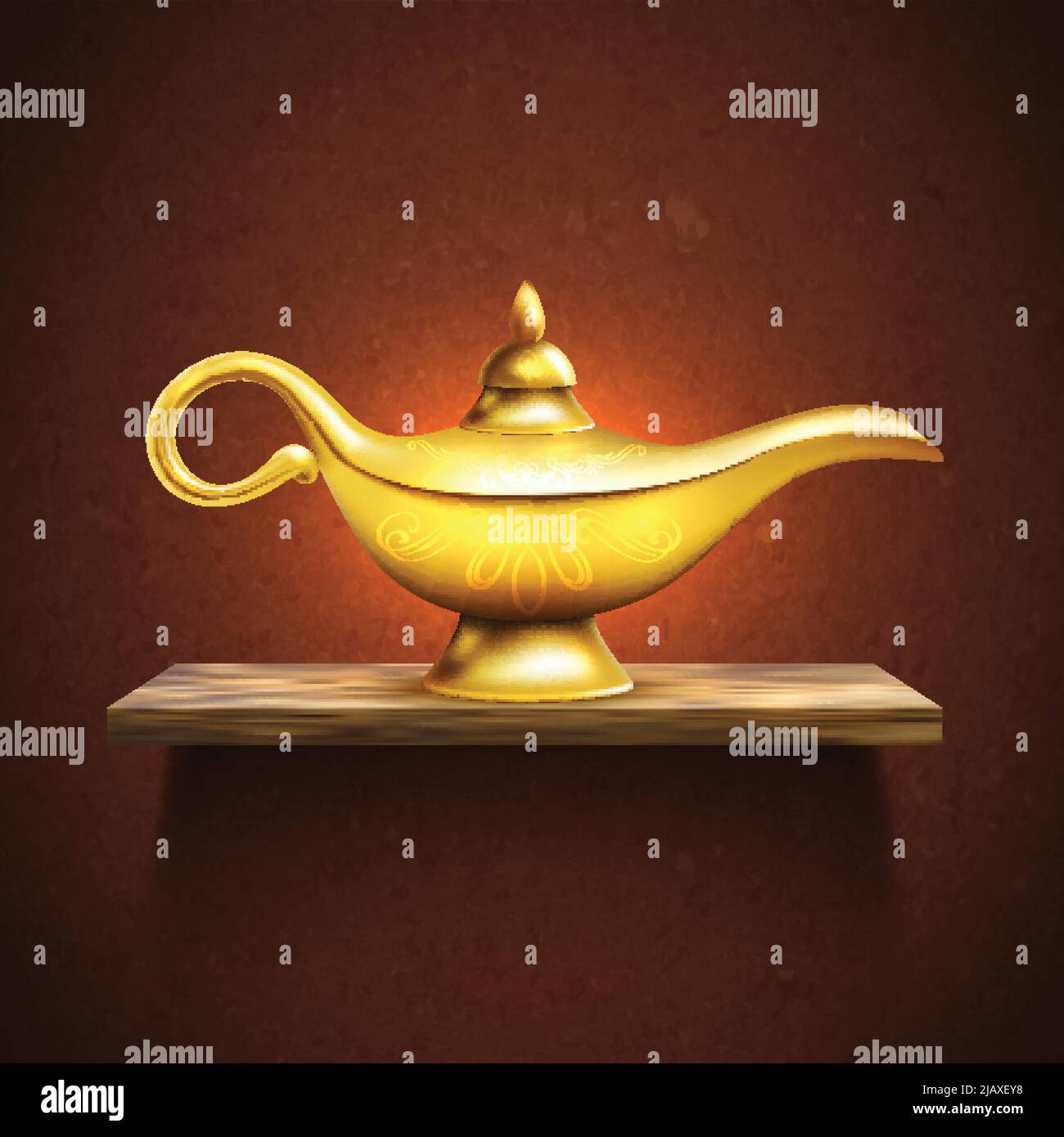Realistic Aladdin golden lamp on wooden shelf colored poster with magical glow vector illustration Stock Vector